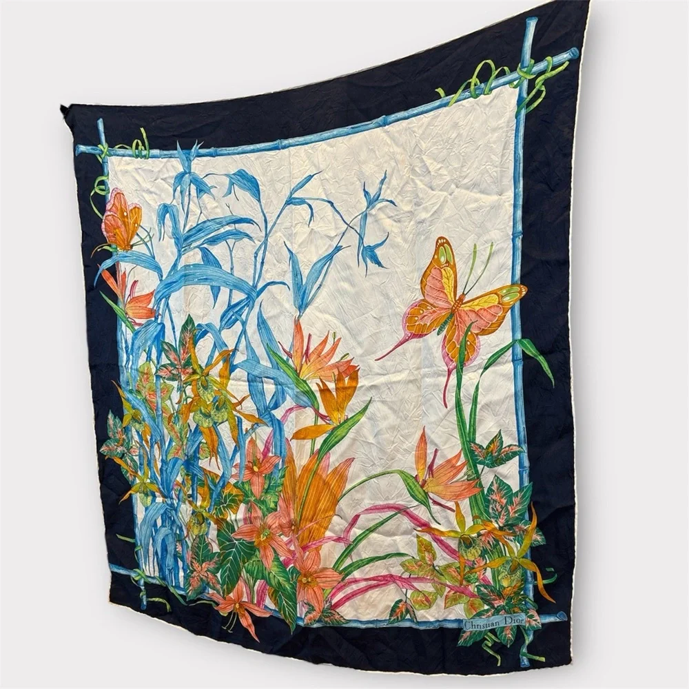 CHRISTIAN DIOR Vintage 34” 100% Silk “Floral & Butterfly” Botanical Square Scarf